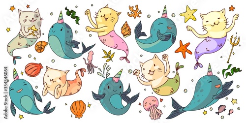 Mermaid cats and unicorn narwhals. Fantasy underwater animals set. Funny mermaid cats  unicorn narwhals  sea shell  jellyfish  starfish collection. Fairy ocean nature drawings