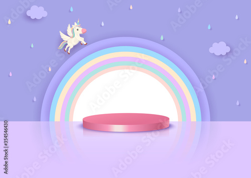 Unicorn and rainbow with podium stands on purple raining sky background