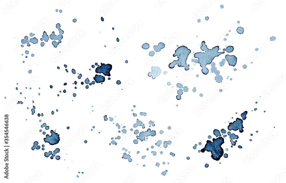 Obraz premium Set of blue splash on white background. Grunge ink blots and drops.