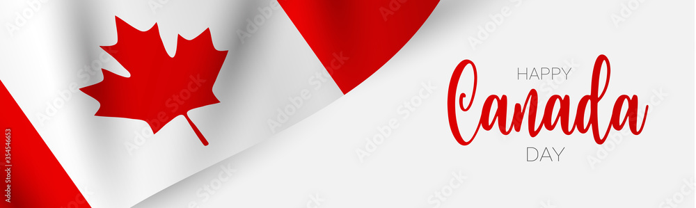 Canada day banner or header background. July 1st national holiday. Waving Canadian flag with maple leaf. Vector illustration. - obrazy, fototapety, plakaty 