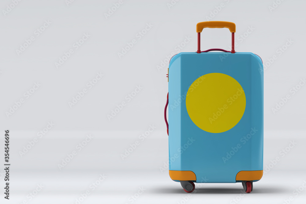 Palau flag on a stylish suitcases back view on color background. Space for text. International travel and tourism concept. 3D rendering. Palau flag on a stylish suitcases back view on color background. Space for text. International travel and tourism concept. 3D rendering.