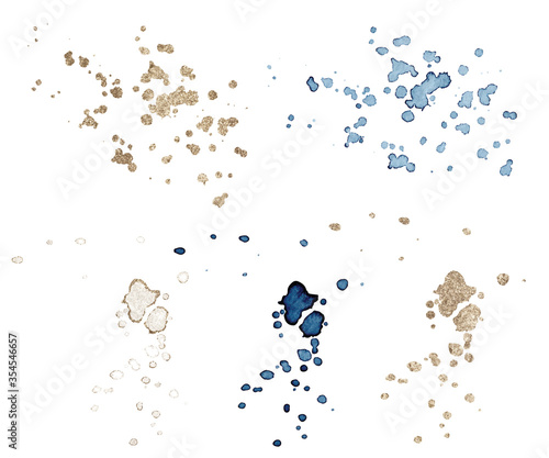 Set of blue and gold splash on white background. Grunge ink blots and drops.