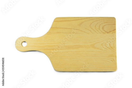 Empty brown wooden cutting board isolated on white background, top view, with clipping path