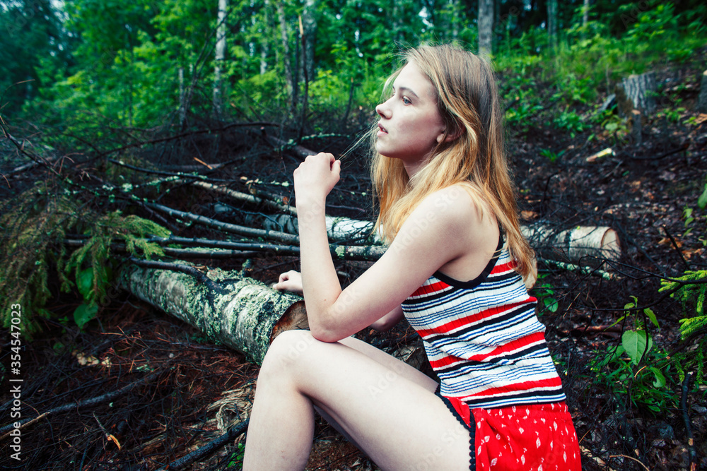 young pretty tourist girl with backpack in forest, travel lifestyle people concept young pretty tourist girl with backpack in forest, travel lifestyle people concept