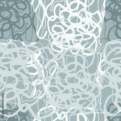 Seamless vector pattern with abstract curls. Swirled brush strokes. Ink freehand scribbles, abstract background. Brushstrokes, smears, lines, squiggle pattern. Gray monochrome