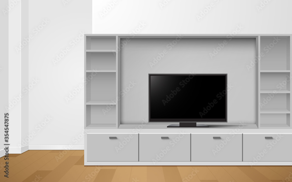 lcd tv on white showcase and cabinet in the livingroom lcd tv on white showcase and cabinet in the livingroom