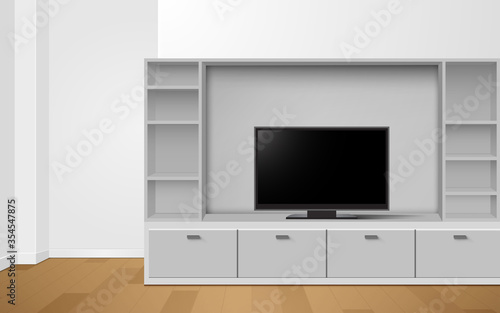 lcd tv on white showcase and cabinet in the livingroom