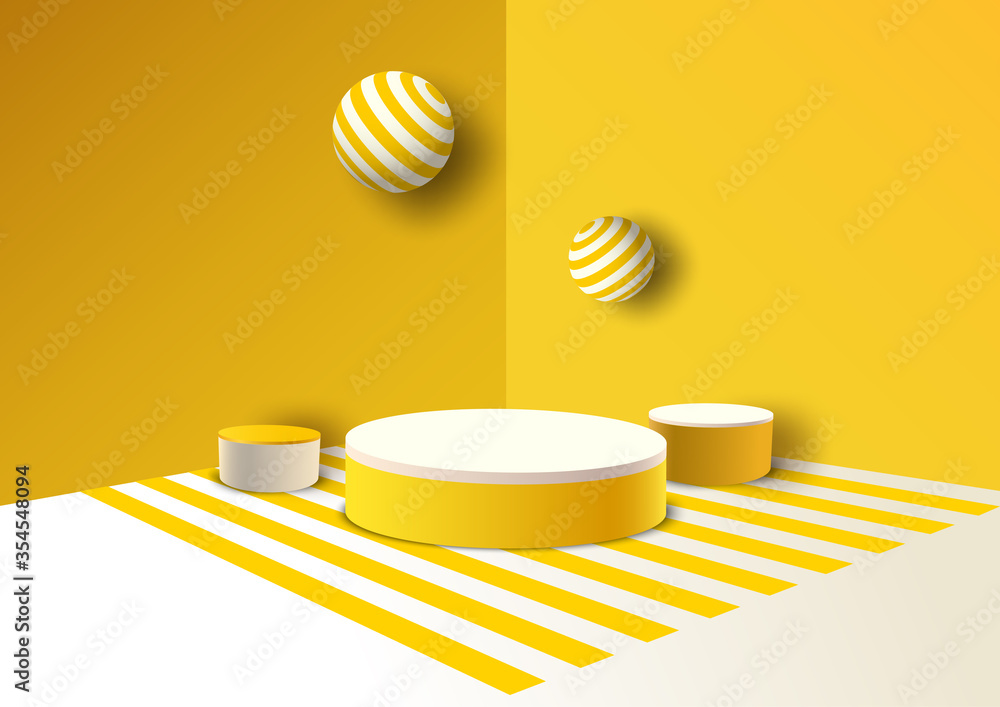 Fotografie 3d yellow and white background cylinder podium stripe pattern
