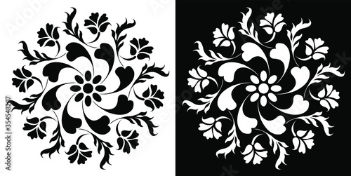 Mandala design concept of leafy petals and flowers isolated on black and white background 