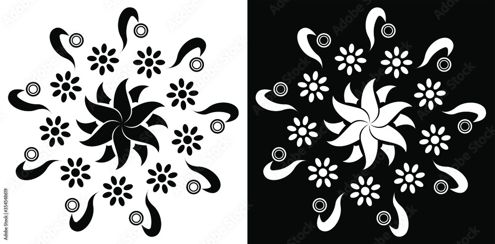 Beautiful Indian traditional and Cultural Rangoli mandala design concept of flora art isolated on black and white background 