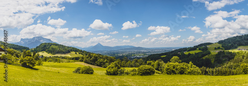 Hiking holiday near Salzburg: Gaisberg landscape panorama in summer, idyllic meadow and blue sky