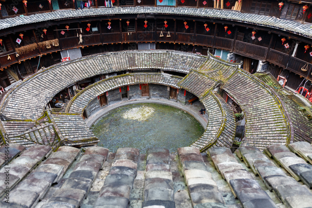 View from high angle on the inner ring / courtyard of a Fujian Tulou. View from high angle on the inner ring / courtyard of a Fujian Tulou.