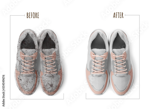 Pair of trendy shoes before and after cleaning on white background, top view
