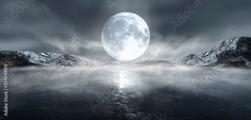 Fototapeta Naklejka Na Ścianę i Meble -  Futuristic night landscape with abstract landscape and island, moonlight, shine. Dark natural scene with reflection of light in the water, neon blue light. Dark neon circle background.