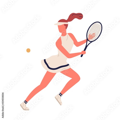 Colorful sportswoman big tennis player demonstrate smash vector flat illustration. Professional sports female holding racket and hitting ball isolated on white. Girl character in sportswear