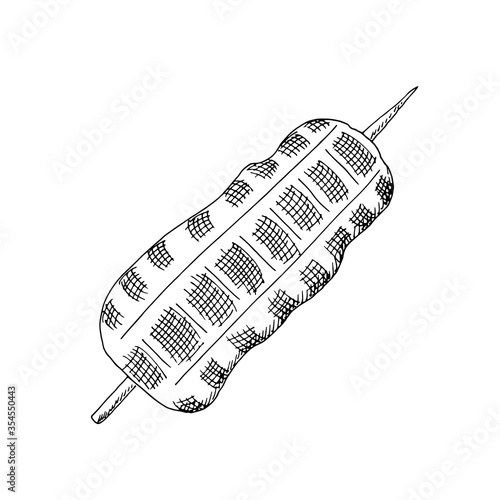Tasty pork shawarma meat on skewer spit isolated on white background. Sketch vector hand drawn illustration in doodle outline engraved style. Street food, take and go concept, man's strong, kebab.