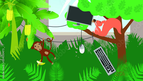 An abandoned office where nature has taken over. In the workplace, trees and animals grow. Return to work after the quarantine caused by the coronavirus pandemic. 