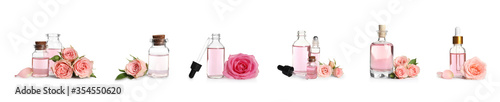Set with bottles of essential oils and rose flowers on white background. Banner design