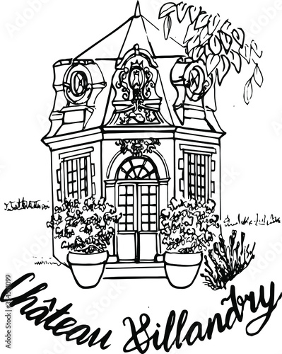 Vector illustration of the castle. For design or coloring pages for children and adults. The French Renaissance Chateau of Villandry. Handwritten inscription " castle of Villandry"