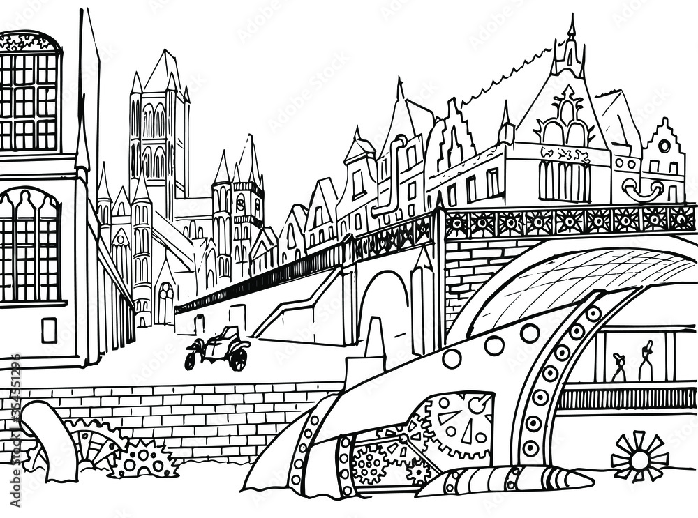Vector fantastic city in steampunk style with a submarine.  Black and white sketch. Hand-drawn. Isolated on a white background. Coloring book for children and adults.