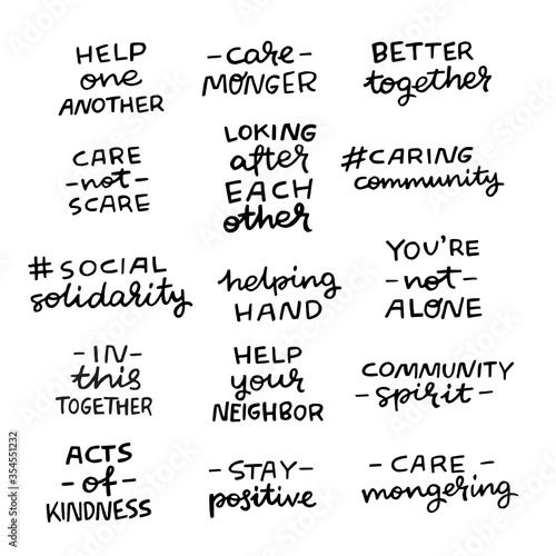 Set of hand lettering messages for stay home campaign. Positive inscriptions for caring community hashtags. Self-isolation, lockdown, shelter in place phrases for social media, stickers, tags, blog