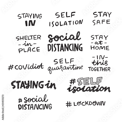 Set of hand lettering messages for stay home campaign. Protect from Coronavirus epidemic handwritten hashtags. Self-isolation, quarantine phrases for social media, stickers, tags