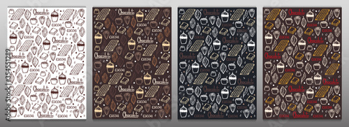 Chocolate banner with hand draw doodle background. Simple sketches of different kinds of cocoa and chocolate production.