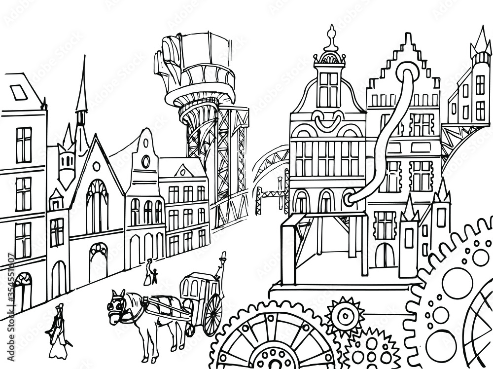 Vector  fantastic city in the steampunk style. Black and white sketch. Hand-drawn. Isolated on a white background. Coloring book for children and adults.