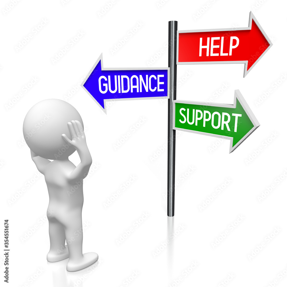 Help, support, guidance concept - signpost with three arrows, cartoon character - 3D illustration Help, support, guidance concept - signpost with three arrows, cartoon character - 3D illustration