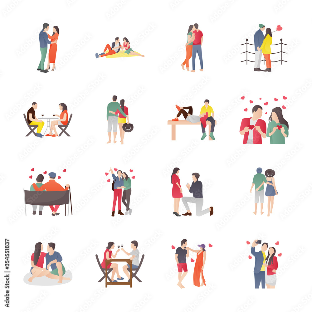 Dating And Dinner Couples Icons Set
