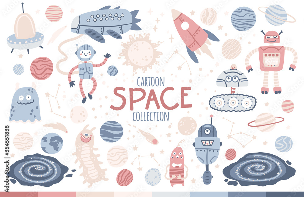 Space vector set. Galaxy, planets, robots and aliens. A childish collection of hand-drawn cartoon objects in a simple Scandinavian style. Pastel isolated on a white background