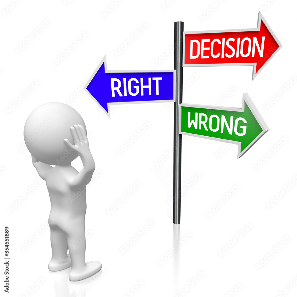Right or wrong decision - signpost with three arrows, cartoon character - 3D illustration Right or wrong decision - signpost with three arrows, cartoon character - 3D illustration