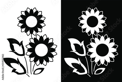 Floral design concept of sunflower with leaves is in black and white background