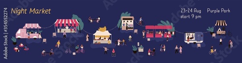 Night market horizontal banner vector flat illustration. Announcement of nighttime outdoor fair with place for text. Crowd of people looking, buying goods or food walking between stalls or kiosks
