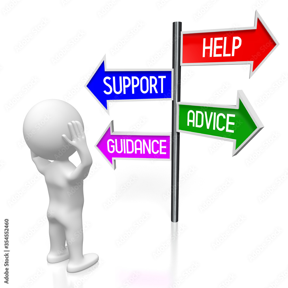 Help, support, advice, guidance concept - signpost with four arrows, cartoon character - 3D illustration Help, support, advice, guidance concept - signpost with four arrows, cartoon character - 3D illustration