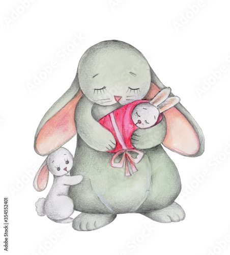 Watercolor illustration of cute cartoon bunny rabbit hare mother with babies. Isolated. Toy animals.