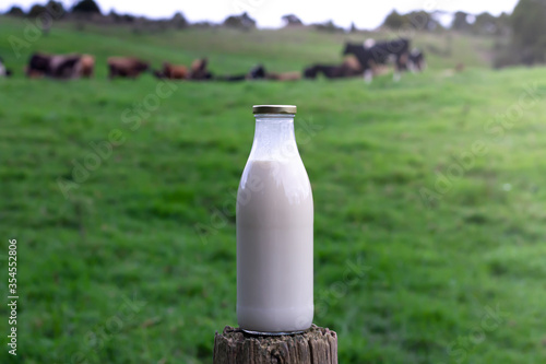 A bottle of milk with a green farm in the background. 