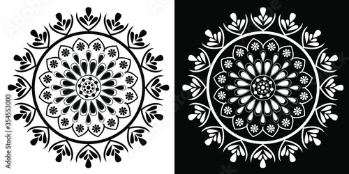 Beautiful Indian traditional and cultural Rangoli mandala design concept of floral art isolated on black and white background