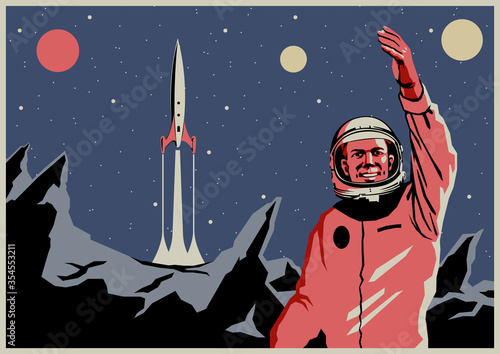 Astronaut on the surface of the Planet, Rocket Launch,  Space Flights Propaganda Retro Posters Stylization 