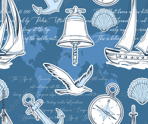 nautical seamless pattern with yachts, anchor, compass and seagulls