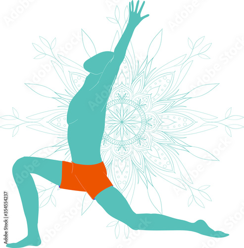 A man practicing yoga. Silhouettes with mandala on background. Anjaneyasana or crescent moon pose. Vector illustration