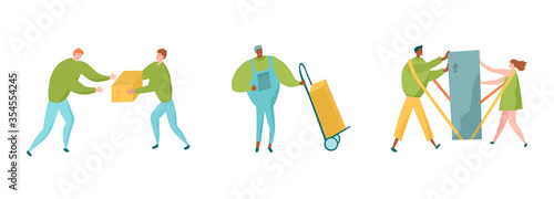 Delivery service characters set with messengers, postman with push cart and couple using shoulder straps.