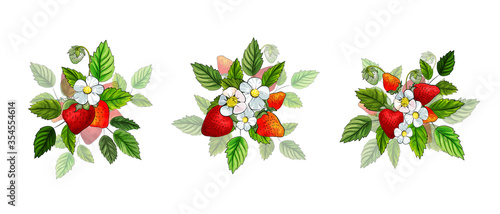 Set of three composition with red strawberry, white flowers and green leaves isolated on white background. Berries for kitchen design. Vector stock illustration.