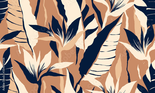 Modern exotic jungle plants illustration pattern. Creative collage contemporary floral seamless pattern. Fashionable template for design.