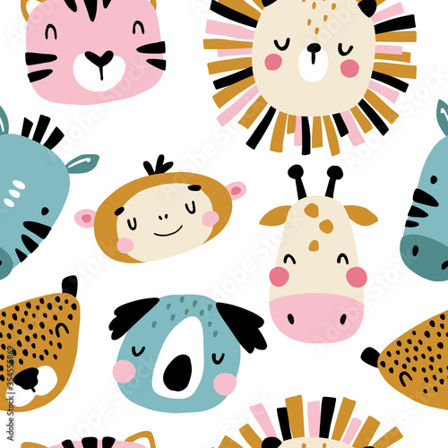 Fototapeta Naklejka Na Ścianę i Meble -  Tropical characters Seamless pattern with cute animals faces. Childish print for nursery in a Scandinavian style. For baby clothes, interior, packaging. Vector cartoon illustration in pastel colors