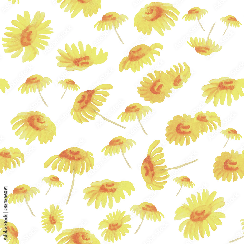 Seamless pattern with yellow flowers on white background. Watercolor hand drawn illustration for wallpaper, fabric, banner, card, textile. Summer floral design. Daisy or camomile. Seamless pattern with yellow flowers on white background. Watercolor hand drawn illustration for wallpaper, fabric, banner, card, textile. Summer floral design. Daisy or camomile.