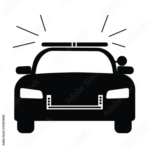 Police Cop Car with siren front view. Simple black and white illustration depicting police emergency response vehicle car with flash. EPS Vector
