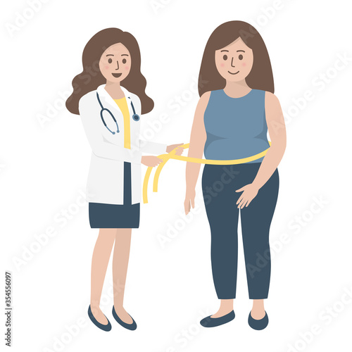 Female nutritionist doctor with stethoscope measuring obese female patient waist. Healthy diet, nutrition consultation and weight loss concept. Flat vector illustration.