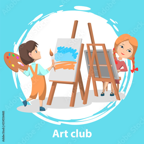 School art club for pupils. Two girls drawing paints on canvas with paint palette and brush. Spend time creatively. Vector illustration in flat cartoon style
