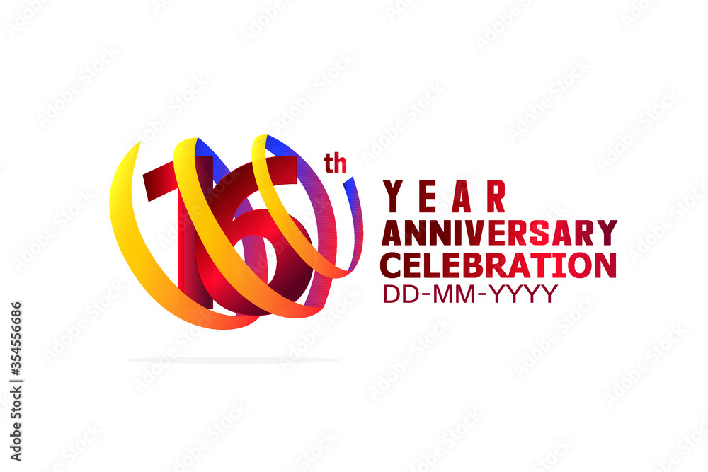 Fototapeta premium 16 year anniversary Red and Yellow-Orange-Blue Ribbon. Isolated graphic anniversary for banner, greeting card - vector